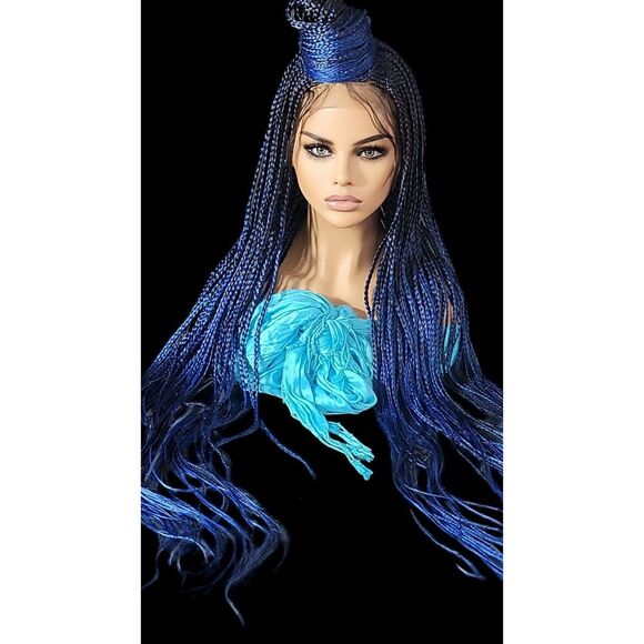 Handmade  Braided Lace Wig, Knotless Box Braids Long  Blue Ombre Wig NWT - Picture 14 of 15